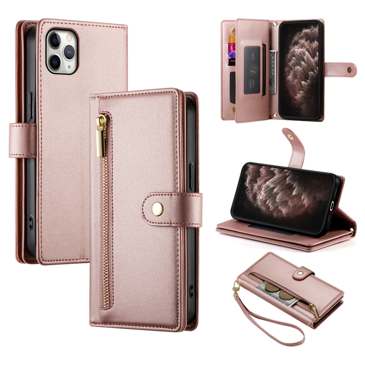 

For iPhone 11 Pro Max Nine Card-slot Zipper Wallet Bag Leather Phone Case(Pink)