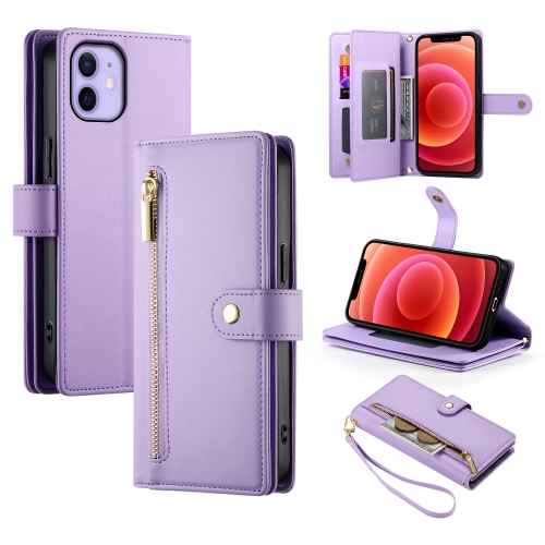 

For iPhone 12 / 12 Pro Nine Card-slot Zipper Wallet Bag Leather Phone Case(Purple)