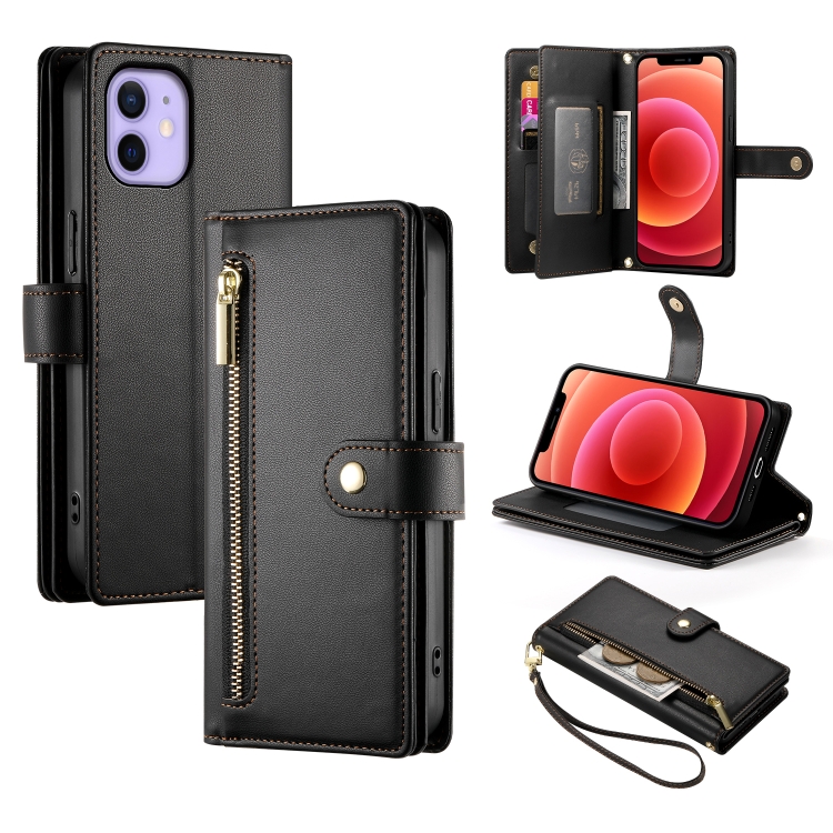 

For iPhone 12 / 12 Pro Nine Card-slot Zipper Wallet Bag Leather Phone Case(Black)