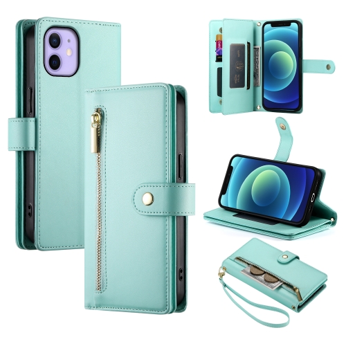 

For iPhone 12 mini Nine Card-slot Zipper Wallet Bag Leather Phone Case(Mint Green)