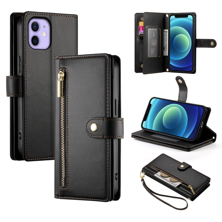

For iPhone 12 mini Nine Card-slot Zipper Wallet Bag Leather Phone Case(Black)