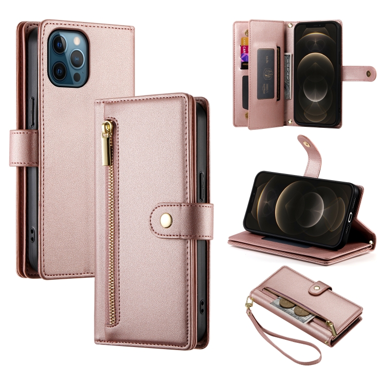 

For iPhone 12 Pro Max Nine Card-slot Zipper Wallet Bag Leather Phone Case(Pink)