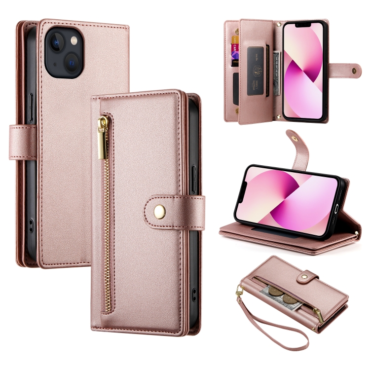 

For iPhone 13 Nine Card-slot Zipper Wallet Bag Leather Phone Case(Pink)