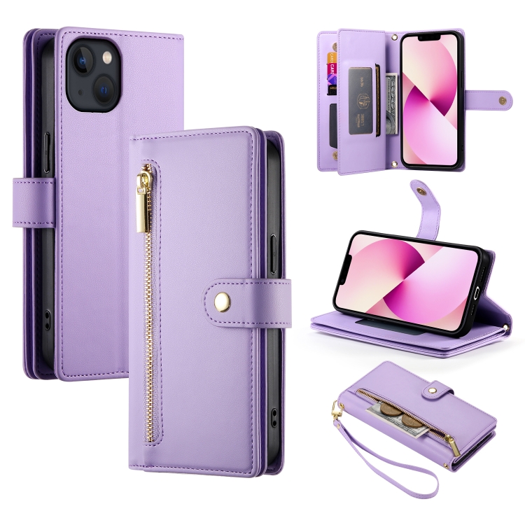 

For iPhone 13 Nine Card-slot Zipper Wallet Bag Leather Phone Case(Purple)