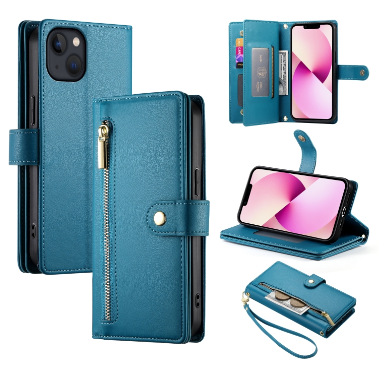 

For iPhone 13 Nine Card-slot Zipper Wallet Bag Leather Phone Case(Blue)
