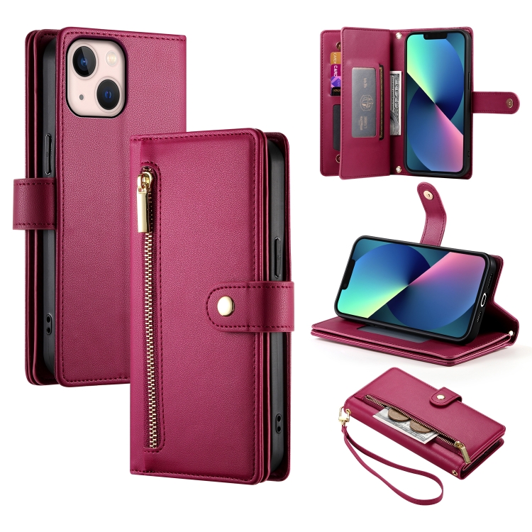 

For iPhone 13 mini Nine Card-slot Zipper Wallet Bag Leather Phone Case(Red)