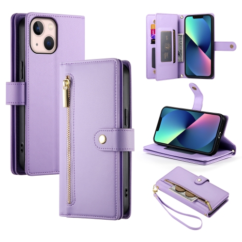 

For iPhone 13 mini Nine Card-slot Zipper Wallet Bag Leather Phone Case(Purple)