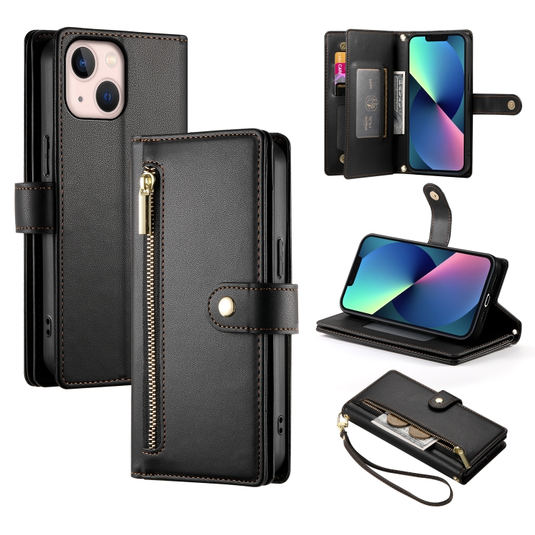 

For iPhone 13 mini Nine Card-slot Zipper Wallet Bag Leather Phone Case(Black)