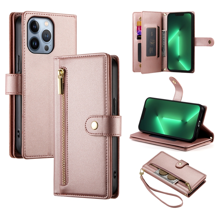 

For iPhone 13 Pro Nine Card-slot Zipper Wallet Bag Leather Phone Case(Pink)