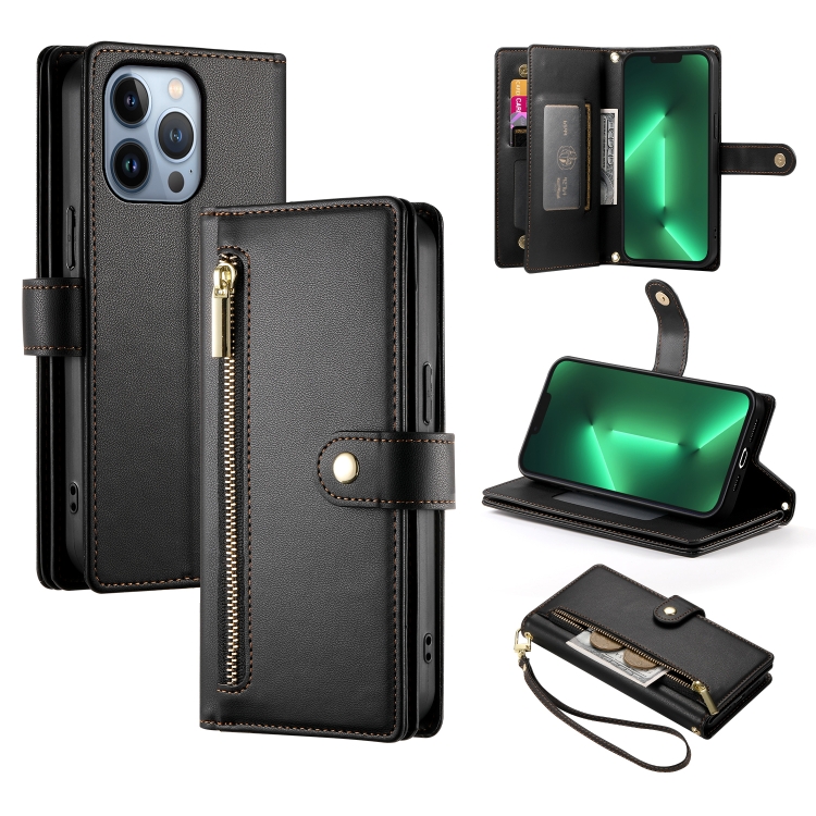 

For iPhone 13 Pro Nine Card-slot Zipper Wallet Bag Leather Phone Case(Black)