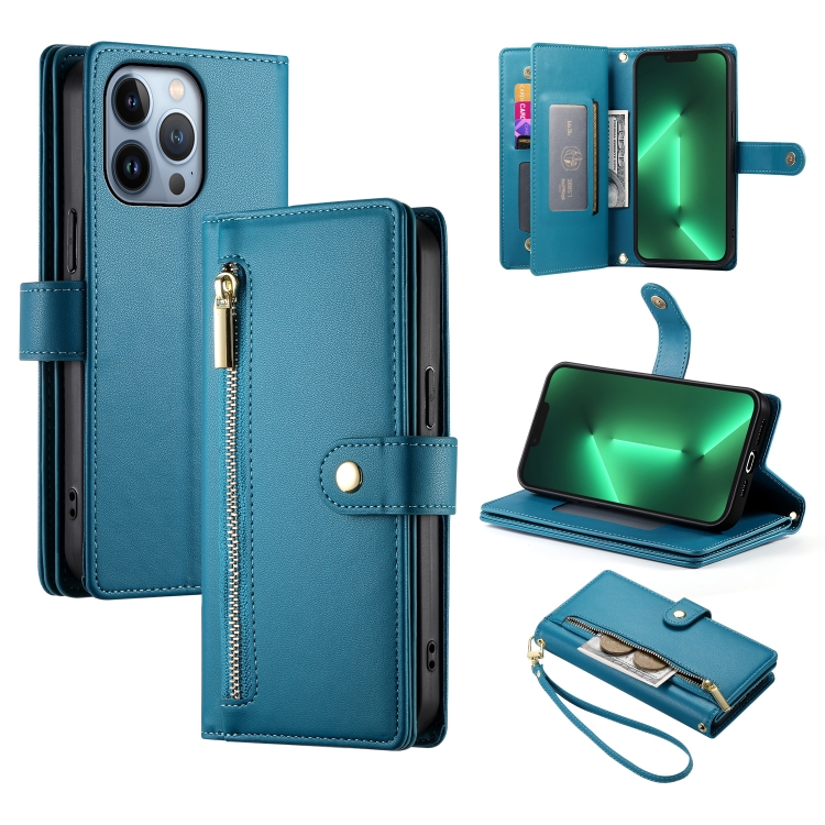 

For iPhone 13 Pro Nine Card-slot Zipper Wallet Bag Leather Phone Case(Blue)