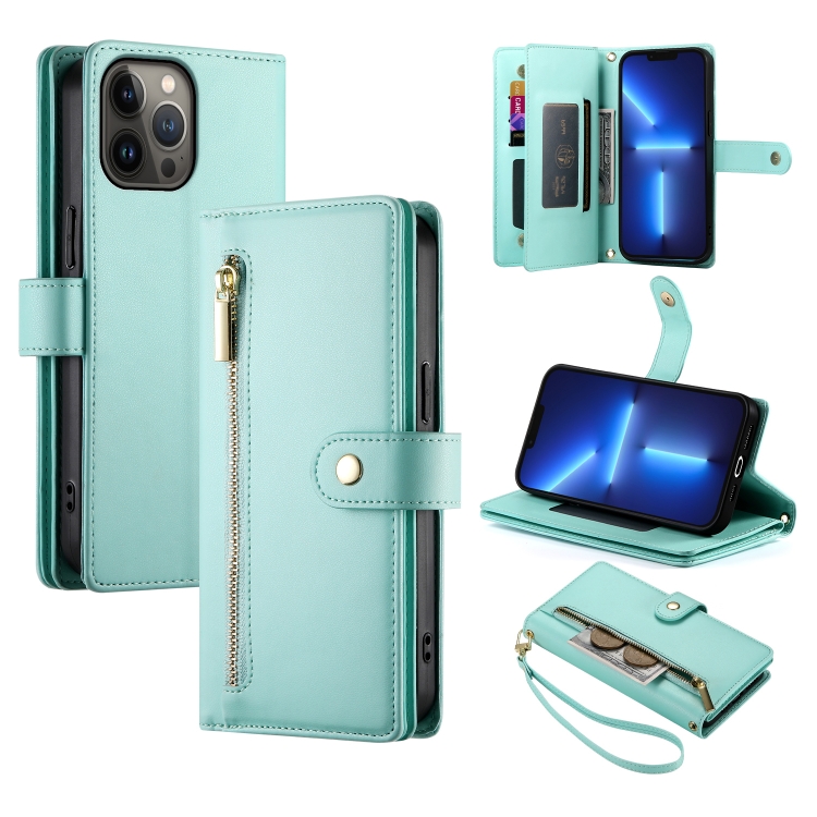 

For iPhone 13 Pro Max Nine Card-slot Zipper Wallet Bag Leather Phone Case(Mint Green)