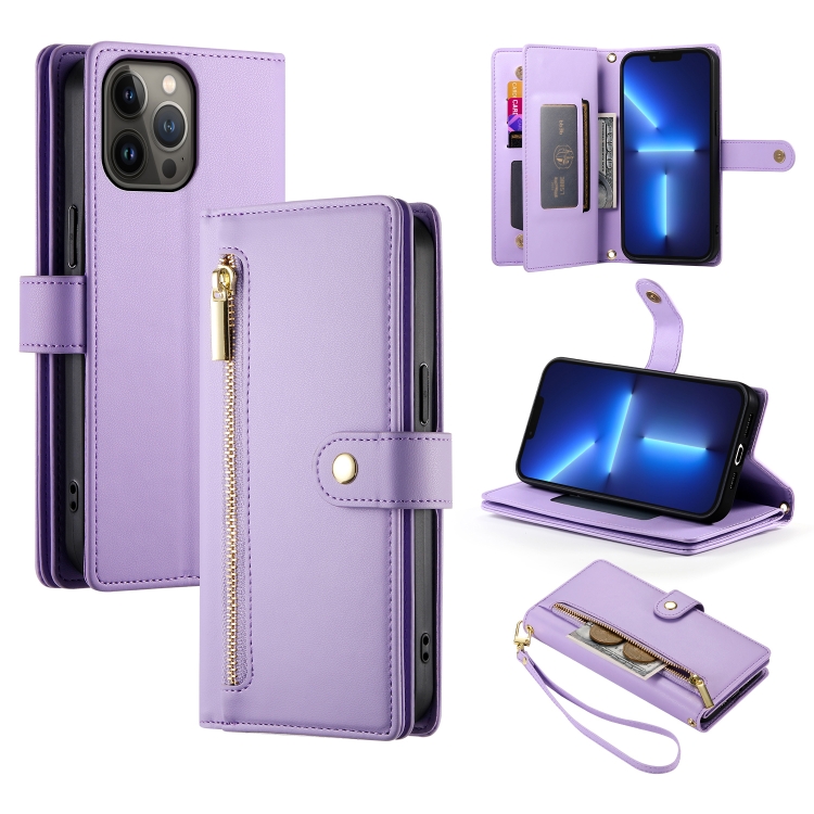 

For iPhone 13 Pro Max Nine Card-slot Zipper Wallet Bag Leather Phone Case(Purple)
