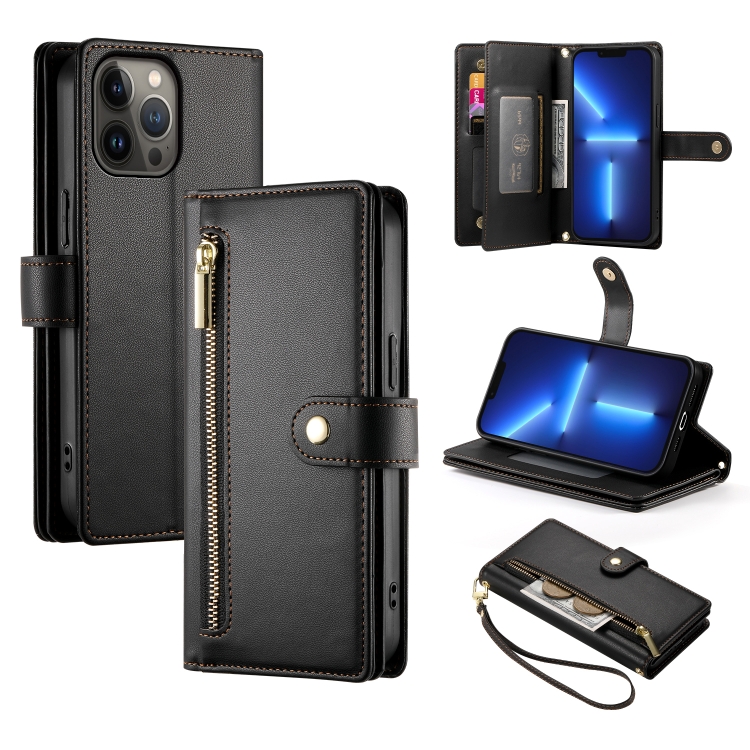 

For iPhone 13 Pro Max Nine Card-slot Zipper Wallet Bag Leather Phone Case(Black)