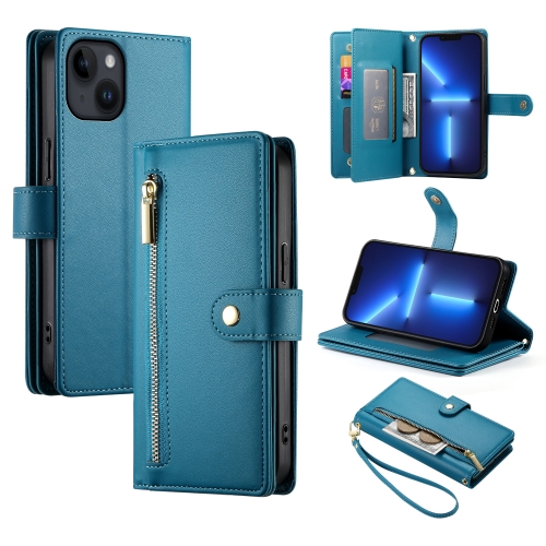 

For iPhone 13 Pro Max Nine Card-slot Zipper Wallet Bag Leather Phone Case(Blue)