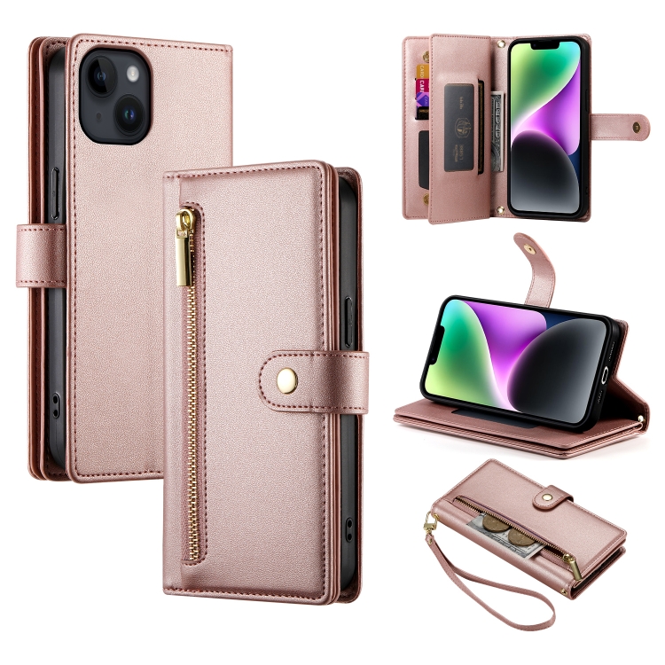 

For iPhone 14 Nine Card-slot Zipper Wallet Bag Leather Phone Case(Pink)