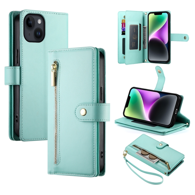 

For iPhone 14 Nine Card-slot Zipper Wallet Bag Leather Phone Case(Mint Green)