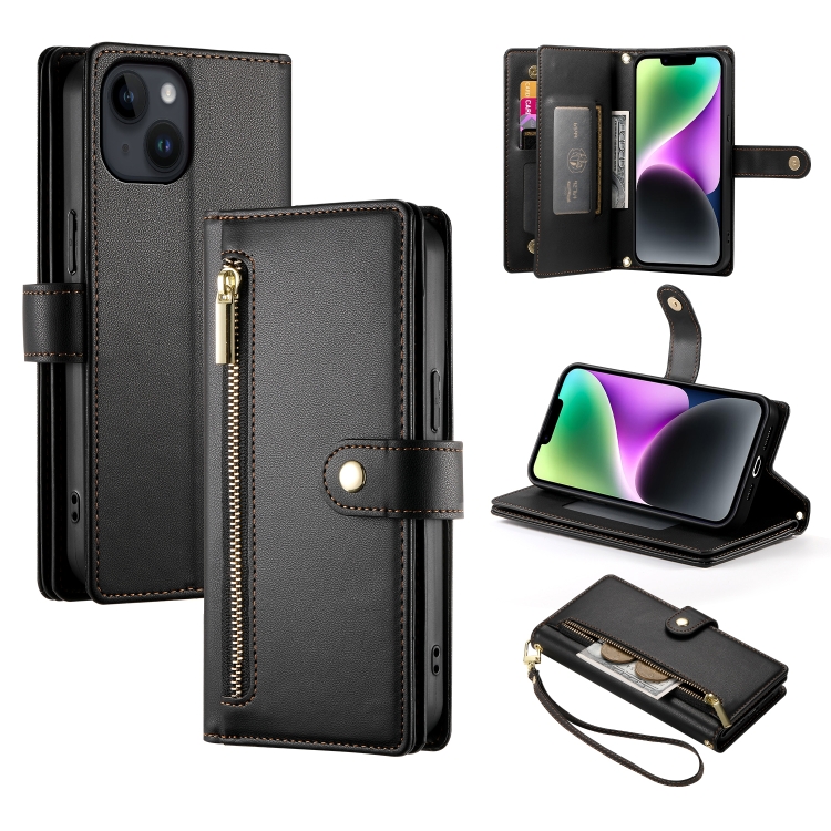 

For iPhone 14 Nine Card-slot Zipper Wallet Bag Leather Phone Case(Black)