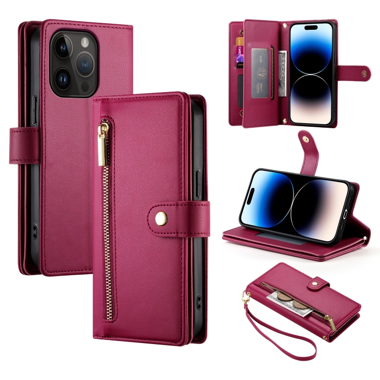 

For iPhone 14 Pro Nine Card-slot Zipper Wallet Bag Leather Phone Case(Red)