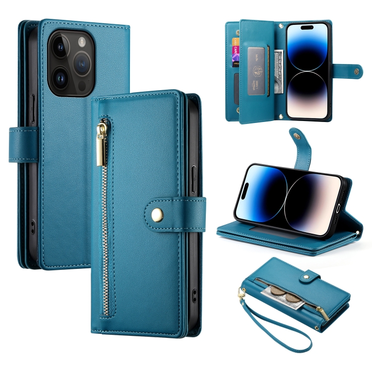 

For iPhone 14 Pro Nine Card-slot Zipper Wallet Bag Leather Phone Case(Blue)