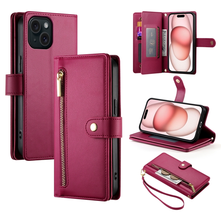 

For iPhone 15 Nine Card-slot Zipper Wallet Bag Leather Phone Case(Red)