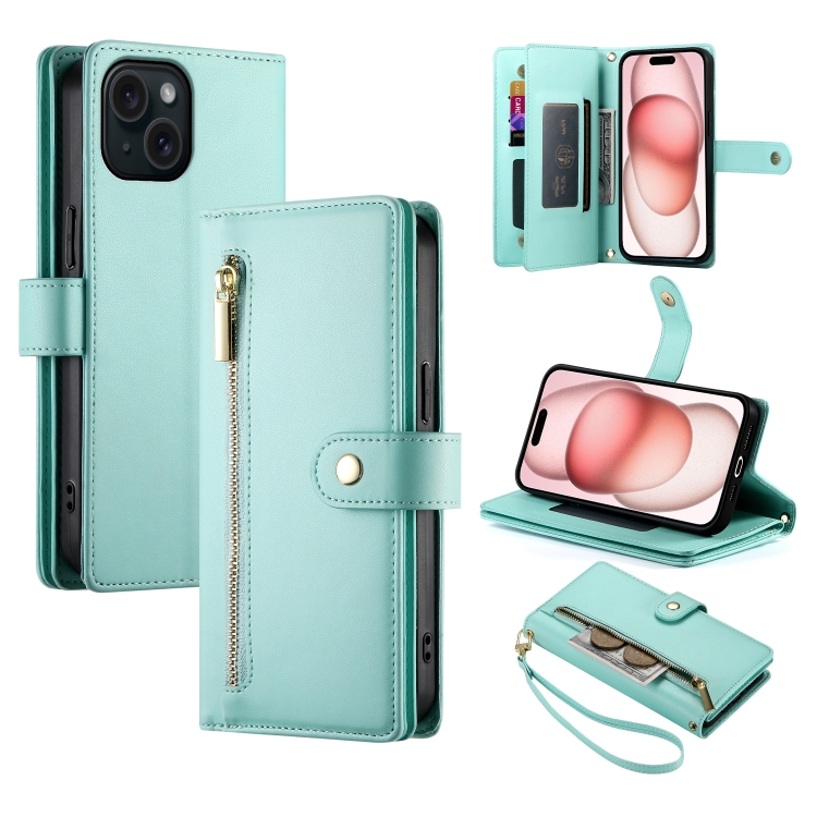 

For iPhone 15 Nine Card-slot Zipper Wallet Bag Leather Phone Case(Mint Green)