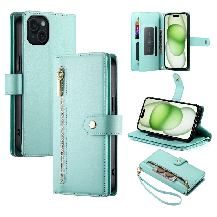 

For iPhone 15 Plus Nine Card-slot Zipper Wallet Bag Leather Phone Case(Mint Green)