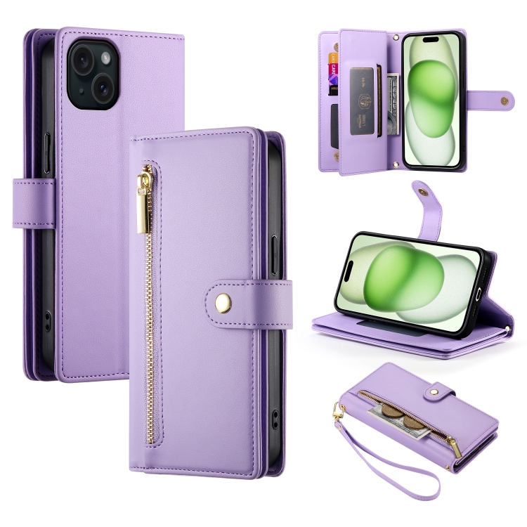 

For iPhone 15 Plus Nine Card-slot Zipper Wallet Bag Leather Phone Case(Purple)