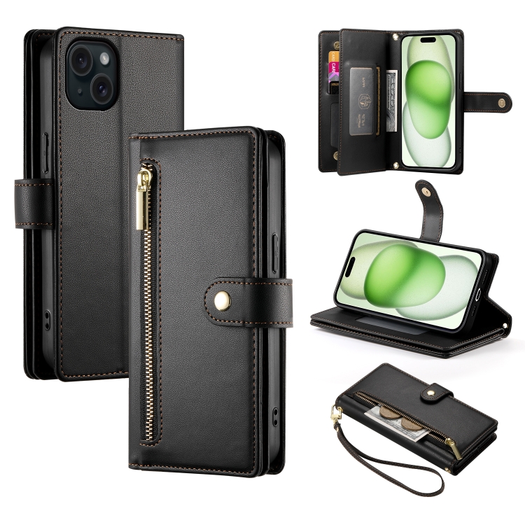 

For iPhone 15 Plus Nine Card-slot Zipper Wallet Bag Leather Phone Case(Black)