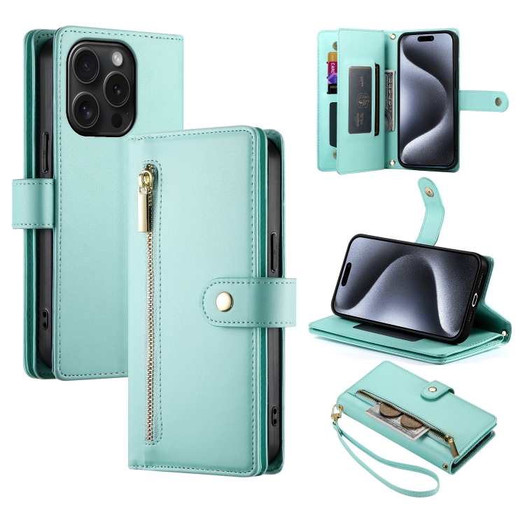 

For iPhone 15 Pro Nine Card-slot Zipper Wallet Bag Leather Phone Case(Mint Green)