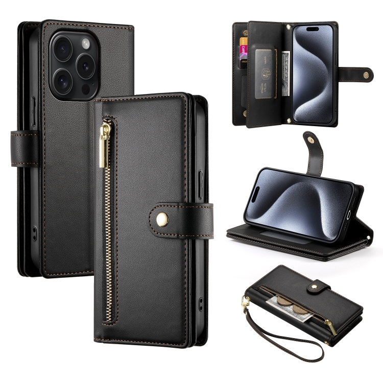 

For iPhone 15 Pro Nine Card-slot Zipper Wallet Bag Leather Phone Case(Black)