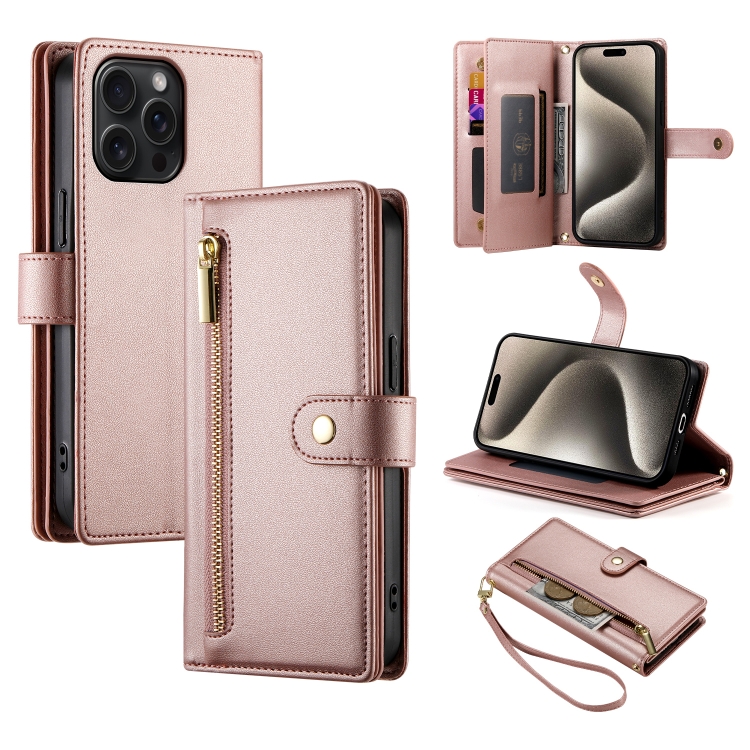 

For iPhone 15 Pro Max Nine Card-slot Zipper Wallet Bag Leather Phone Case(Pink)