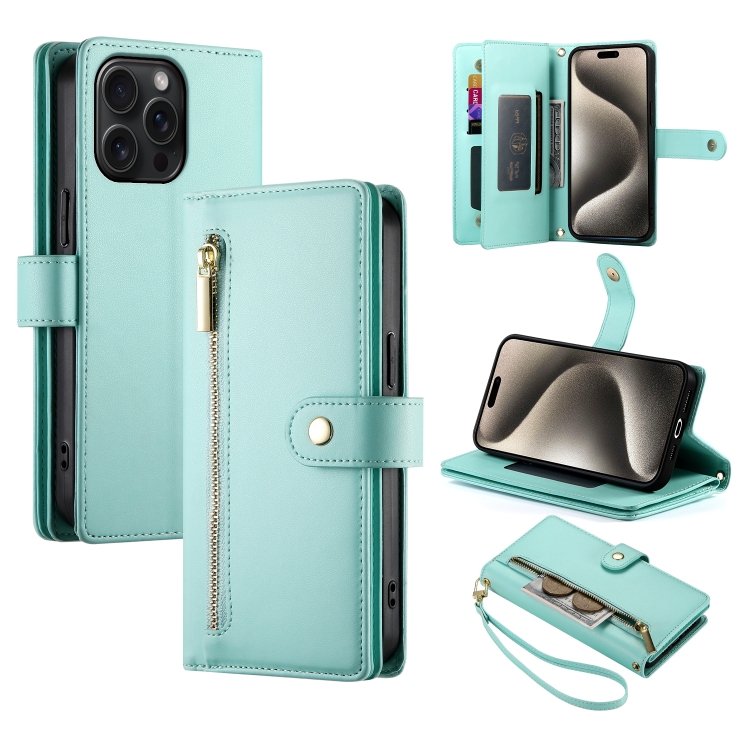 

For iPhone 15 Pro Max Nine Card-slot Zipper Wallet Bag Leather Phone Case(Mint Green)