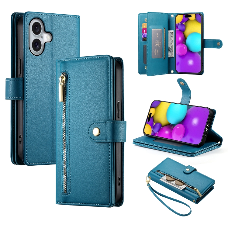 

For iPhone 16 Nine Card-slot Zipper Wallet Bag Leather Phone Case(Blue)