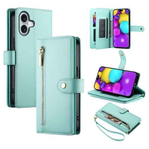 

For iPhone 16 Plus Nine Card-slot Zipper Wallet Bag Leather Phone Case(Mint Green)