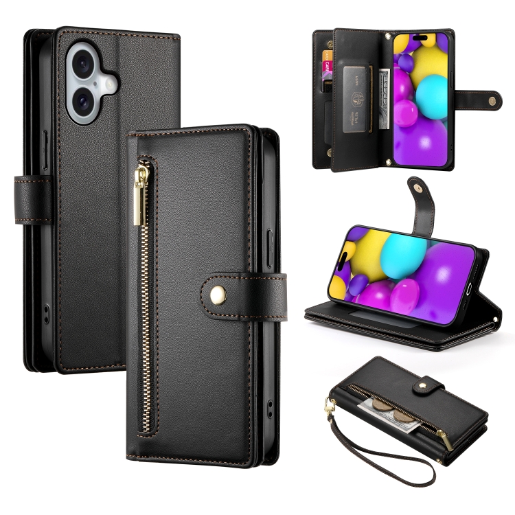 

For iPhone 16 Plus Nine Card-slot Zipper Wallet Bag Leather Phone Case(Black)