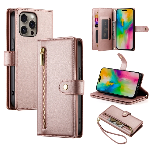 

For iPhone 16 Pro Nine Card-slot Zipper Wallet Bag Leather Phone Case(Pink)