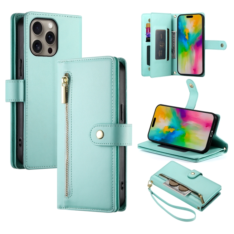 

For iPhone 16 Pro Nine Card-slot Zipper Wallet Bag Leather Phone Case(Mint Green)