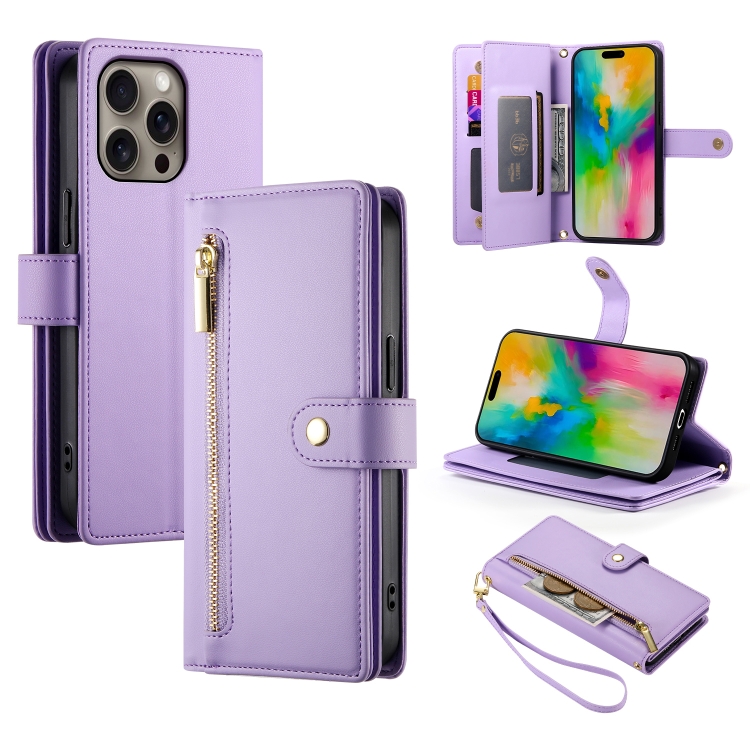 

For iPhone 16 Pro Nine Card-slot Zipper Wallet Bag Leather Phone Case(Purple)