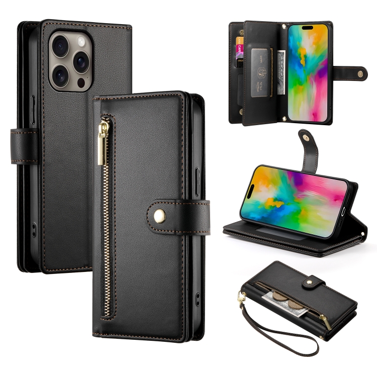 

For iPhone 16 Pro Nine Card-slot Zipper Wallet Bag Leather Phone Case(Black)