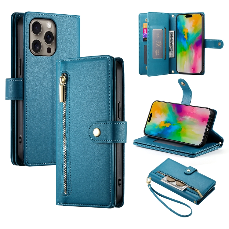 

For iPhone 16 Pro Nine Card-slot Zipper Wallet Bag Leather Phone Case(Blue)