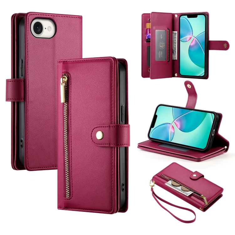

For iPhone 16e Nine Card-slot Zipper Wallet Bag Leather Phone Case(Red)
