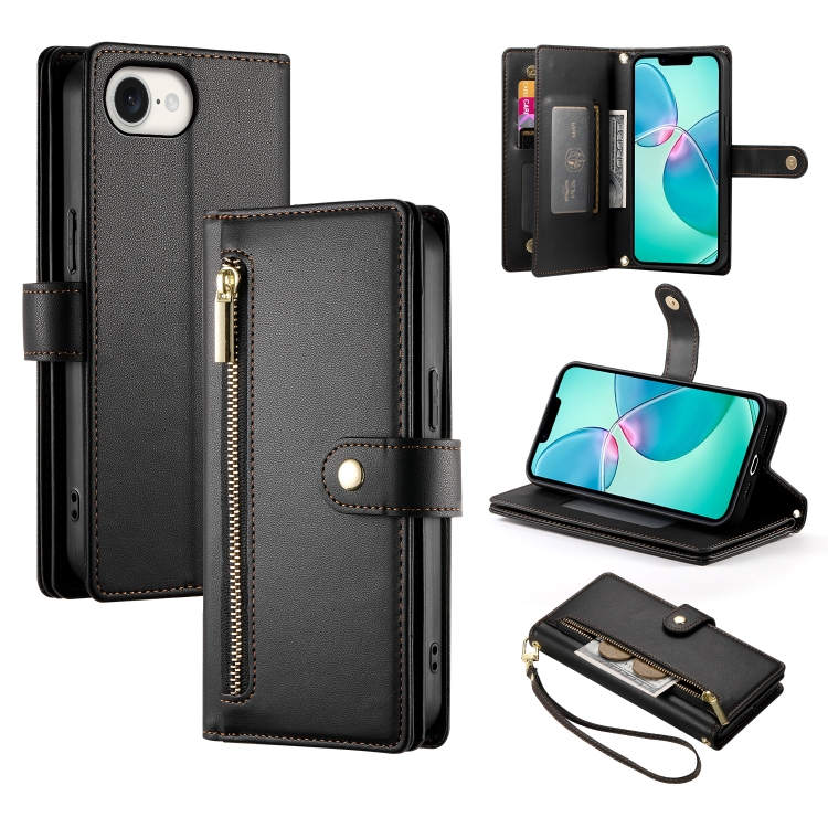 

For iPhone 16e Nine Card-slot Zipper Wallet Bag Leather Phone Case(Black)