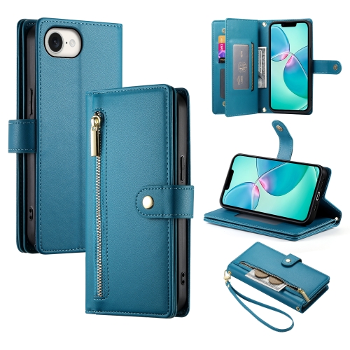 

For iPhone SE 4 2024 Nine Card-slot Zipper Wallet Bag Leather Phone Case(Blue)