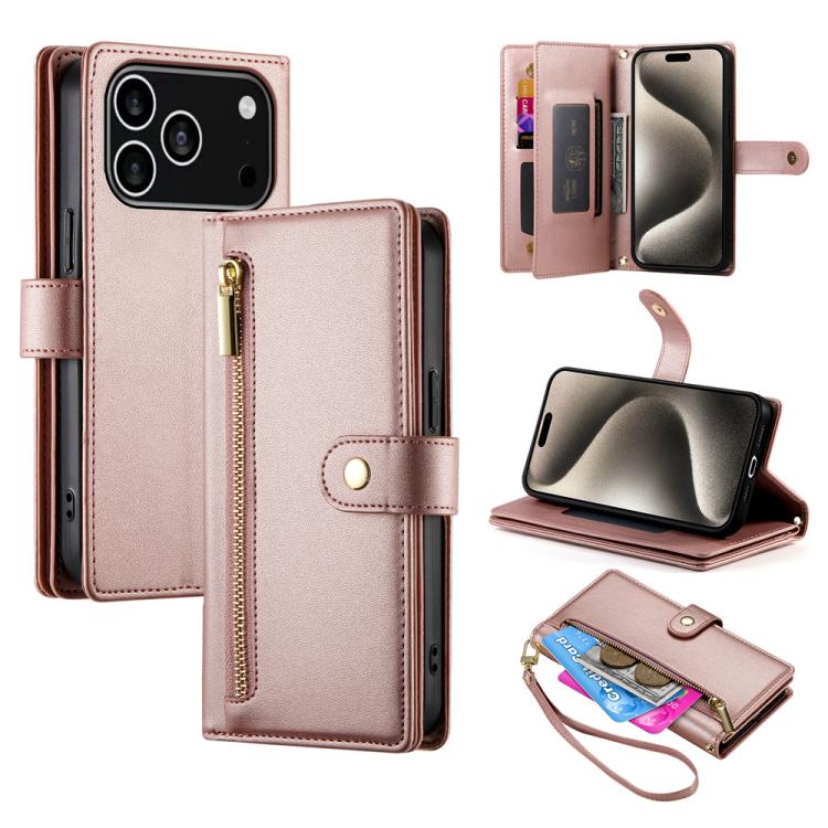 

For iPhone 17 Pro Nine Card-slot Zipper Wallet Bag Leather Phone Case(Pink)