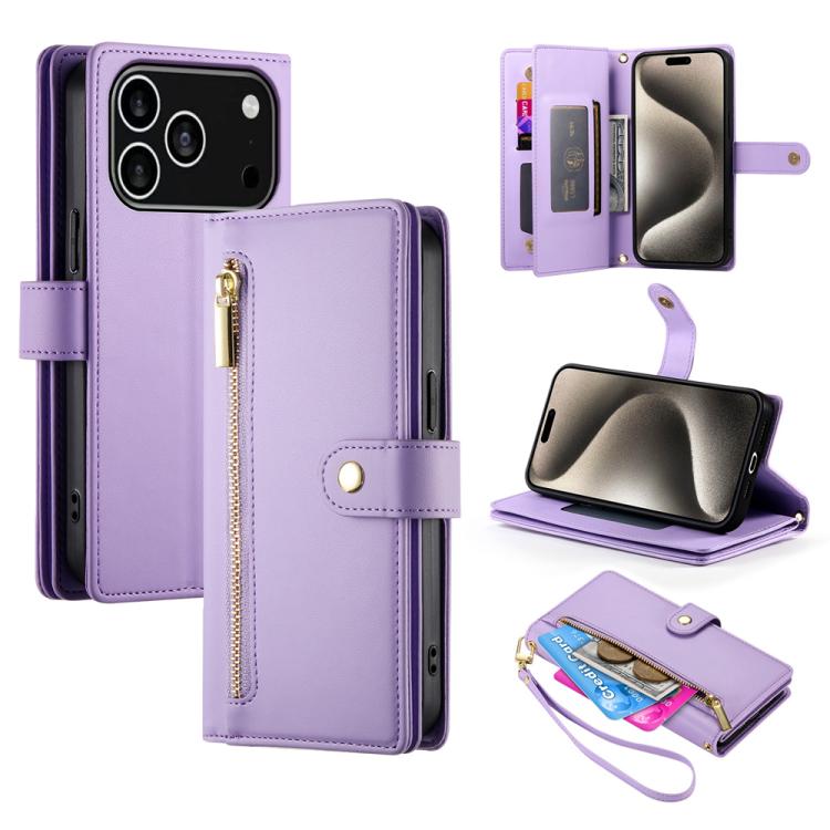 

For iPhone 17 Pro Nine Card-slot Zipper Wallet Bag Leather Phone Case(Purple)