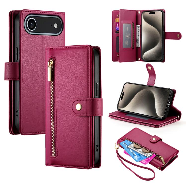 

For iPhone 17 Air Nine Card-slot Zipper Wallet Bag Leather Phone Case(Red)