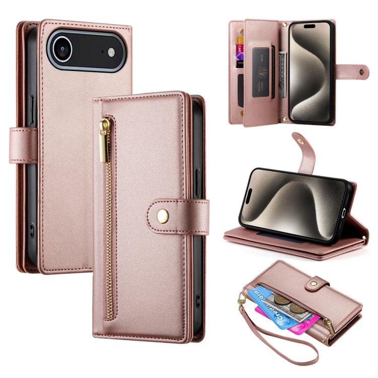 

For iPhone 17 Air Nine Card-slot Zipper Wallet Bag Leather Phone Case(Pink)