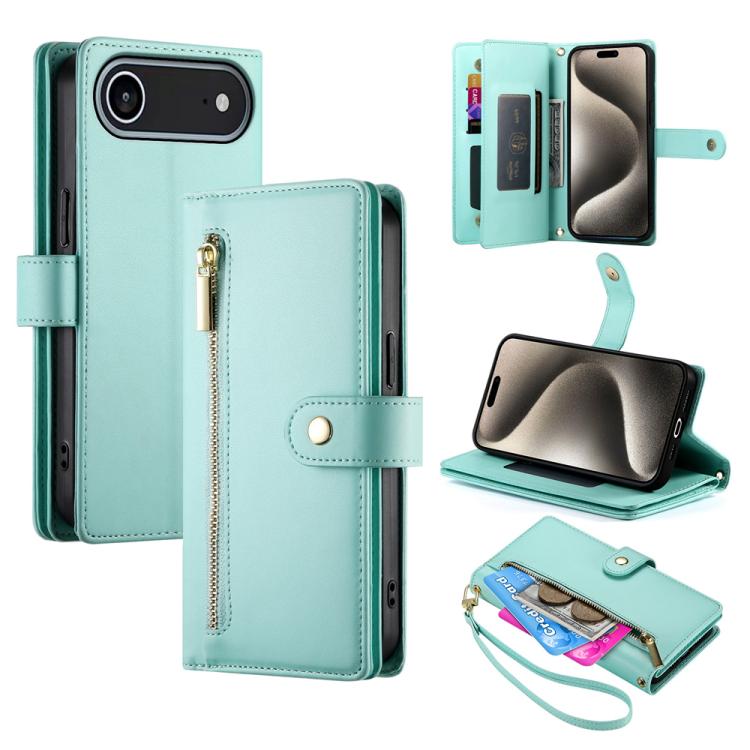 

For iPhone 17 Air Nine Card-slot Zipper Wallet Bag Leather Phone Case(Mint Green)
