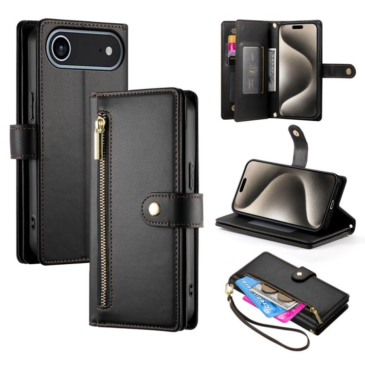 

For iPhone 17 Air Nine Card-slot Zipper Wallet Bag Leather Phone Case(Black)